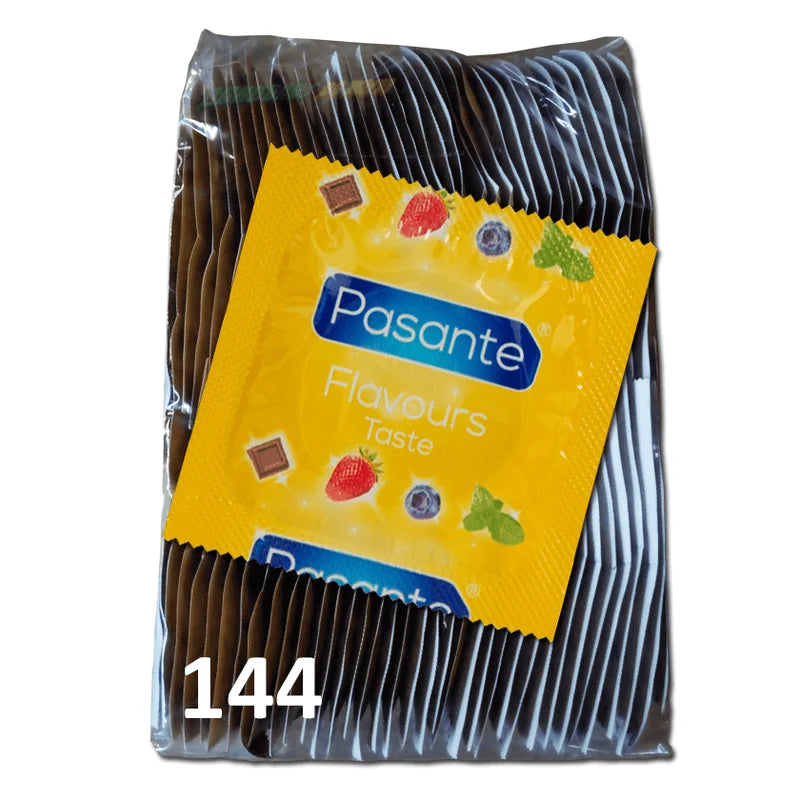 Preservativo sabor morango em pacote com 144 unidades.