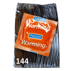 Preservativos com efeito aquecedor, embalagem com 144 unidades.